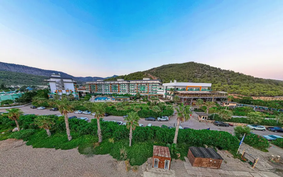 Palmiyeler ve çam ağaçları arasındaki otel binaları